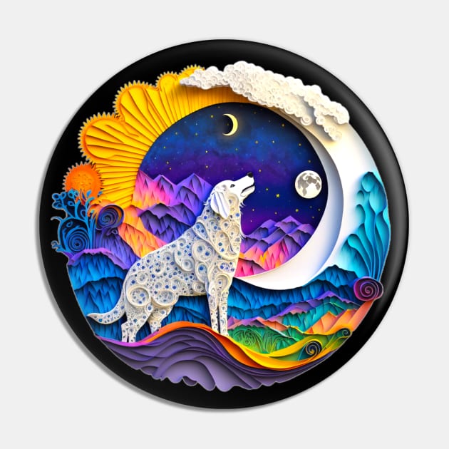 Great Pyrenees Dog Nature Crescent Moon Stars Mountains Art Digital Painting Pin by joannejgg