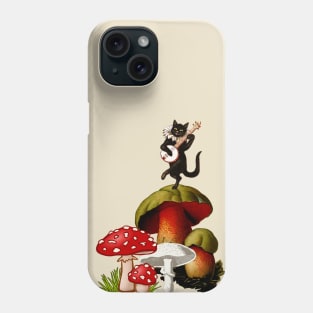 Black cat playing guitar on a mushroom hippie 80s music Phone Case