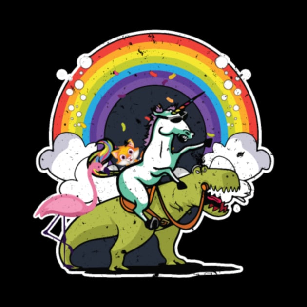 Unicorn Riding T Rex With A Cat, Flamingo, Rainbow by Xizin Gao