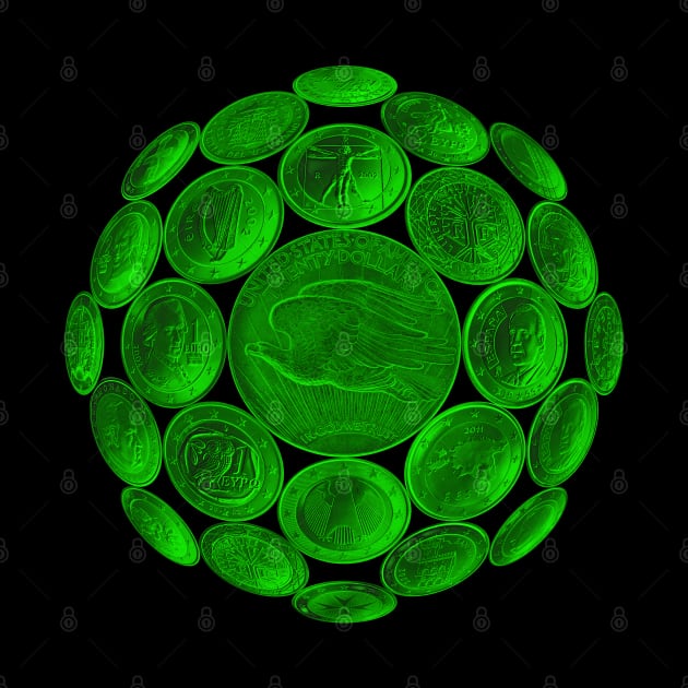 Green USA Twenty Dollars Coin - Surrounded by other Coins on a Ball by The Black Panther