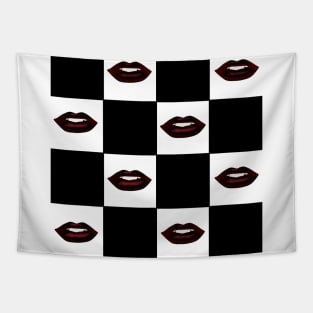 Black and White Checkerboard Lips Pattern Tapestry