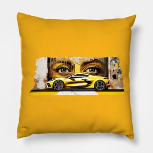 Accelerate Yellow C8 Corvette Stingray Supercar in front of a wall of graffiti with beautiful eyes looking back at you Sports car American Muscle car race car Pillow