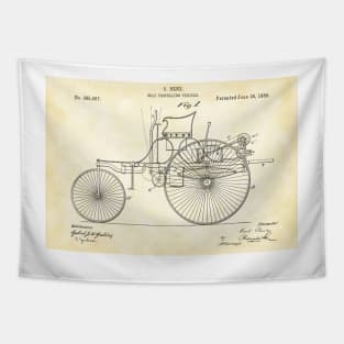 Benz 1888 self propelling vehicle, original patent drawing parchment background Tapestry