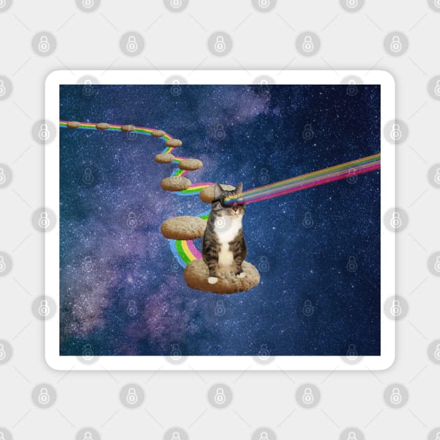 Cute tabby cat in space shooting rainbows from the sunglasses Magnet by Purrfect