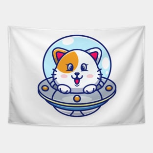 Cute cat flying with spaceship ufo cartoon Tapestry