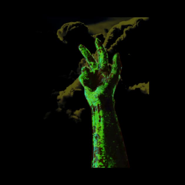 Digital collage and special processing. Hand near clouds. Holy trinity hand gesture. Very strange, green. Bizarre. Zombie. by 234TeeUser234