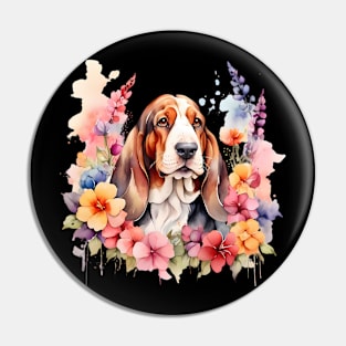 A basset hound decorated with beautiful watercolor flowers Pin