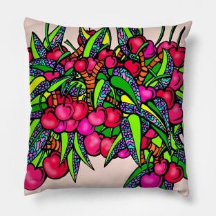 Bunch of Plump Ripe Cherries with Flower Leaves Pillow