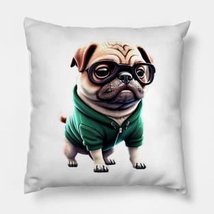 Muscular Pug Gym Trainer - Cute Pug with Green Hoodie Design Pillow