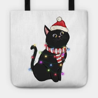 black cat santa hat christmas lights Tote