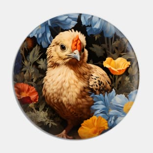 Retro Vintage Art Style Baby Chick in Field of Wild Flowers - Whimsical Farm Pin