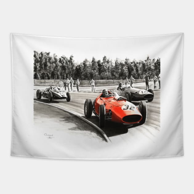 Ferrari Dino 246, Froilan Gonzalez, Bruce McLaren Tapestry by oleynik