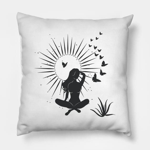 Sitting Butterfly Sun Goddess Pillow by studioaartanddesign