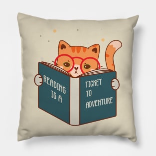 Reading is a ticket to Adventure, Cute Cat design, Kitty reader, bookworm Pillow