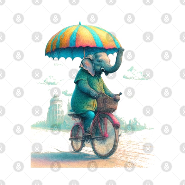 An elephant on a bicycle, holding an umbrella. by DesignersPrints2023