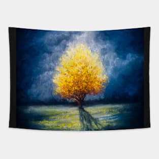 Lonely Yellow tree and stormy sky Tapestry