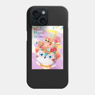Happy Birthday Card with Cute Cat in Birthday Cake Hat Phone Case