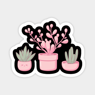 Cute Pink Flowers and Cactus in Pots | Kawaii Cute Succulent Houseplant Magnet