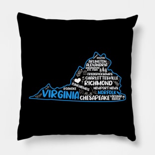 Norfolk Virginia cute map, Richmond, Arlington, Newport News, Alexandria, Hampton, Roanoke, Suffolk, Reston Pillow