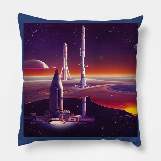 Interplanetary Spaceport Pillow by Grassroots Green