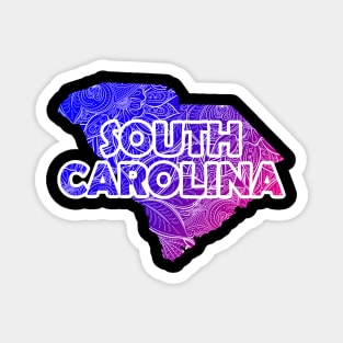Colorful mandala art map of South Carolina with text in blue and violet Magnet