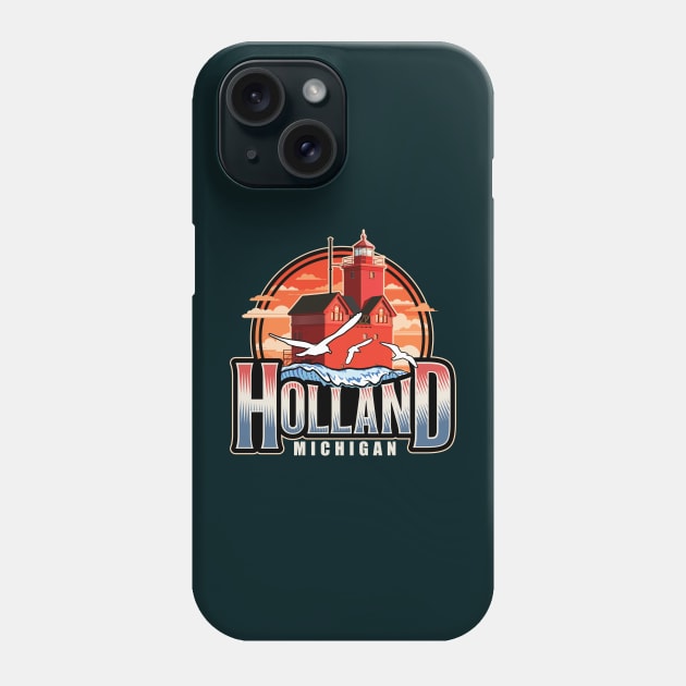 Holland Michigan with Red Lighthouse Big Wave and Seagulls Phone Case by SuburbanCowboy