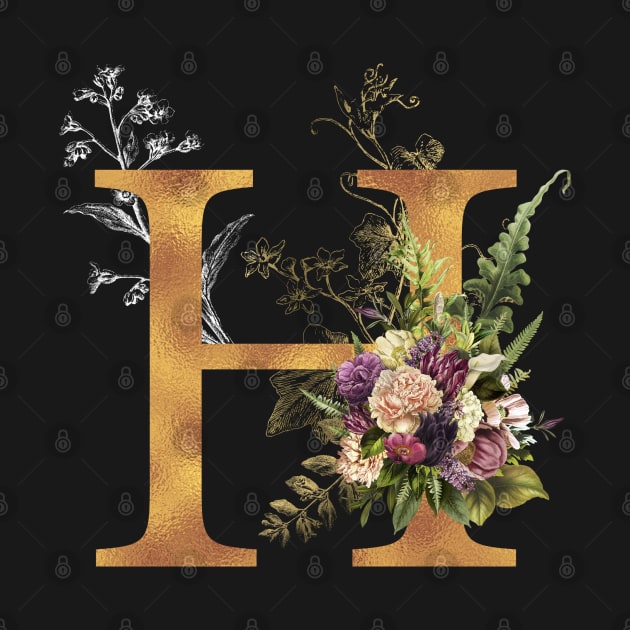 Floral Monogram Golden Letter H First Name Initial Wedding Anniversary Birthday Graduation Halloween Gift by BadDesignCo