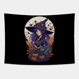 Moonlit Enchantment - Cute Witch Amidst Autumnal Delights Tapestry