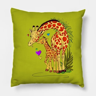 Affectionate giraffe mother nuzzling her calf surrounded by hearts and foliage Pillow