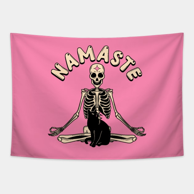 Yoga Namaste Black Cat in pink Tapestry by The Charcoal Cat Co.