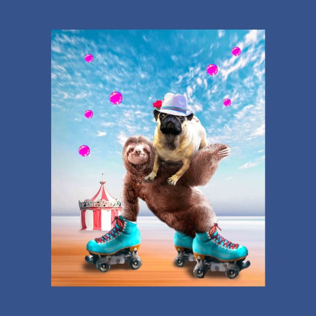 Pug Sloth - Cute Funny Pug Riding Skating Sloth by Random Galaxy