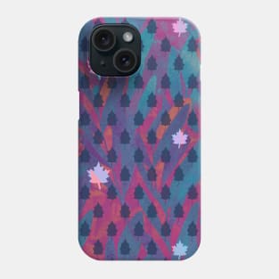 Icy Maple leaves and tiny trees on a faded denim blue and magenta leaf background Phone Case