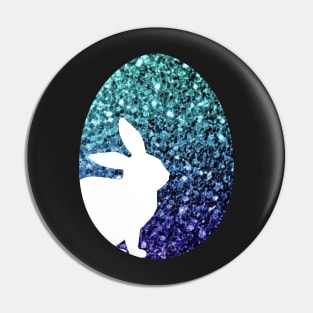 Easter Bunny Silhouette in Teal Blue Ombre Faux Glitter Easter Egg Pin