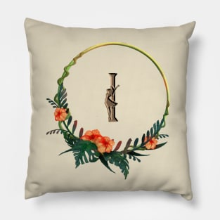 Tropical flowers on a circle frame around letter I and girl figure Pillow