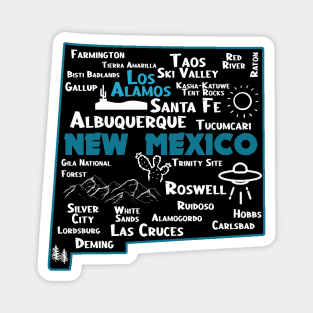 Cute map of Los Alamos New Mexico Albuquerque Santa Fe, Roswell Las Cruces Deming Carlsbad Hobbs Silver City Magnet