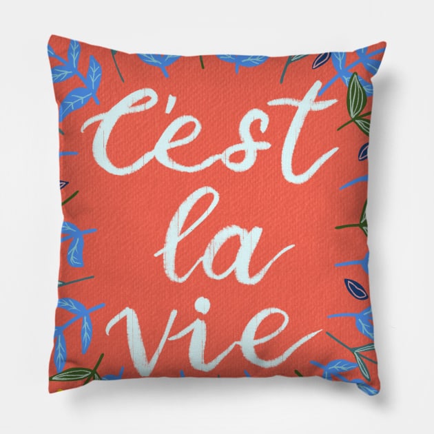 C'est La Vie Coral Red | Floral Wreath | Quote Pillow by thewhimsicalrepose