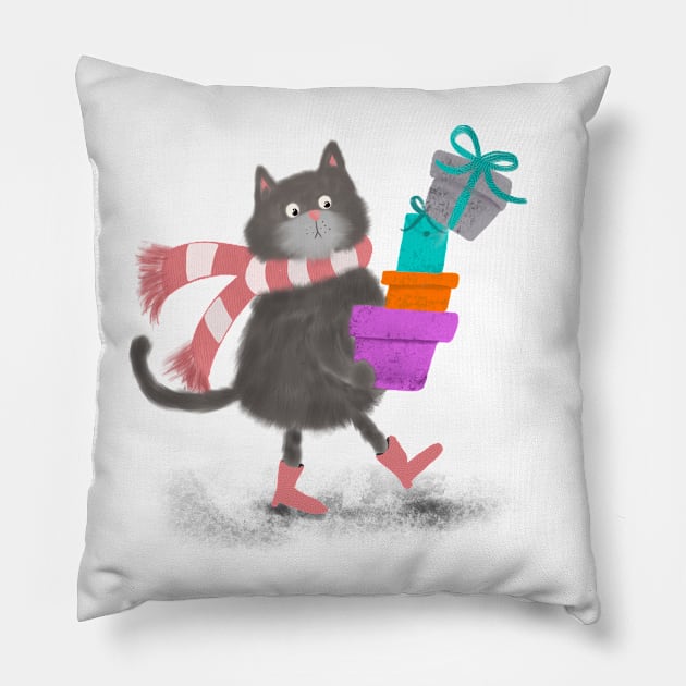 Kat en haar cadeautjes Pillow by Lins-penseeltje