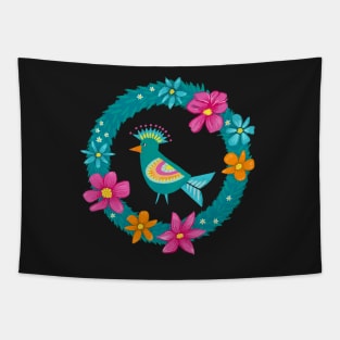 Colorful bird in a green wreath with flowers | repeat pattern Tapestry