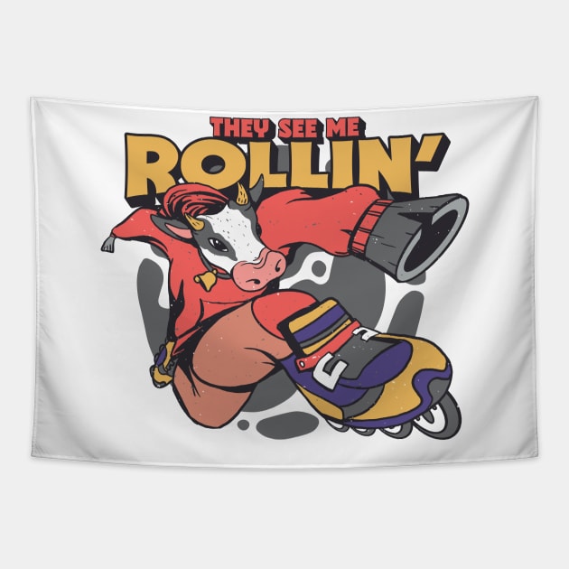 They See Me Rollin' // Funny Rollerblading Cow Tapestry by SLAG_Creative