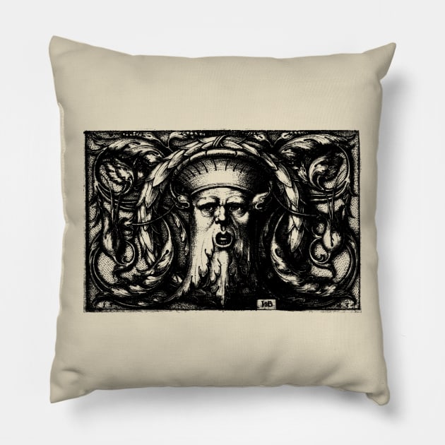 Green Man Renaissance Engraving Black Pillow by Pixelchicken