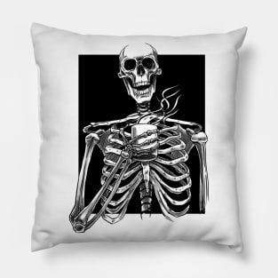 Halloween skeleton drinking coffee black Pillow