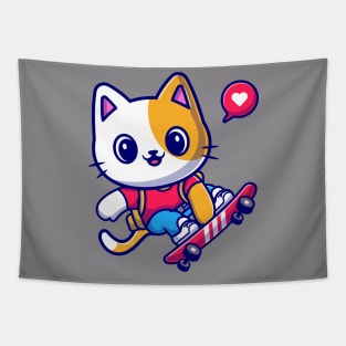 Cute Cat Playing Skateboard Cartoon Tapestry