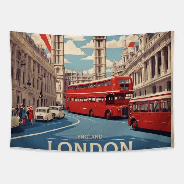 London England Double Decker Bus Vintage Travel Tourism Tapestry by TravelersGems