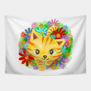 Kitten walking in flower garden Tapestry