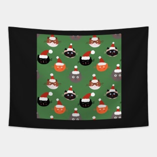 Cats in Santa Hats on Green Tapestry
