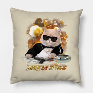 FUNNY MAFIA BOSS CAT MEME , COOL CASINO GAMBLING MEOWFIA CAT WITH A GUN Pillow