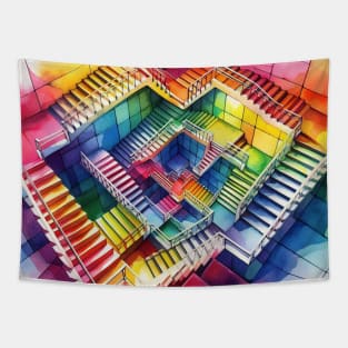 Psychedelic looking abstract illustration of Escher stairs Tapestry