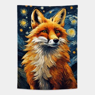 Adorable Fox Portrait Animal Painting in a Van Gogh Starry Night Art Style Tapestry