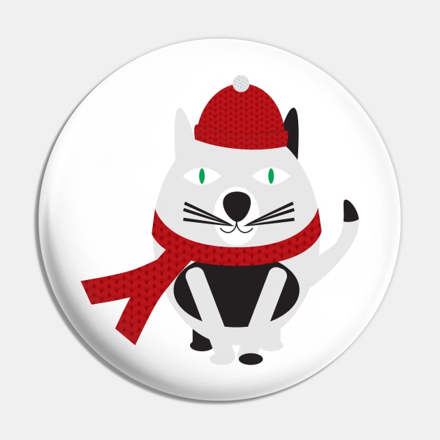 Cartoon Cat with Red Hat and Scarf Pin by sigdesign