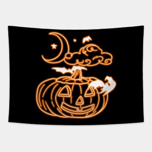 Neon Pumpkin with Bats Moon and Stars Tapestry